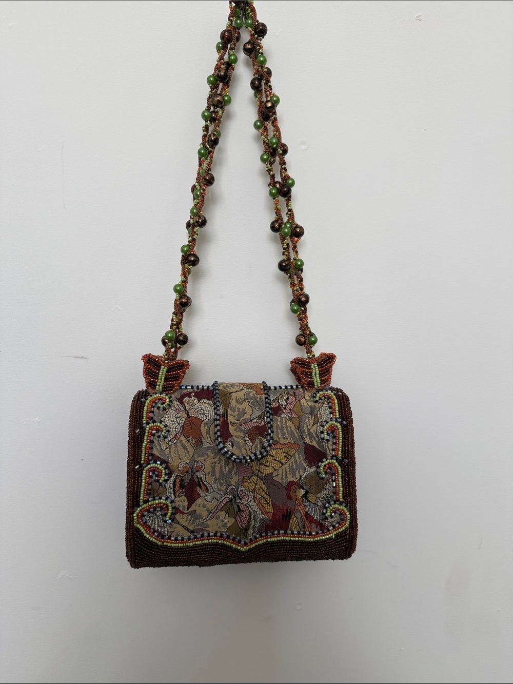 Beaded Vintage-Style Crossbody Bag in Brown and Green